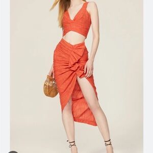 Sleeveless Orange Twist-Waist Cutout Midi Dress